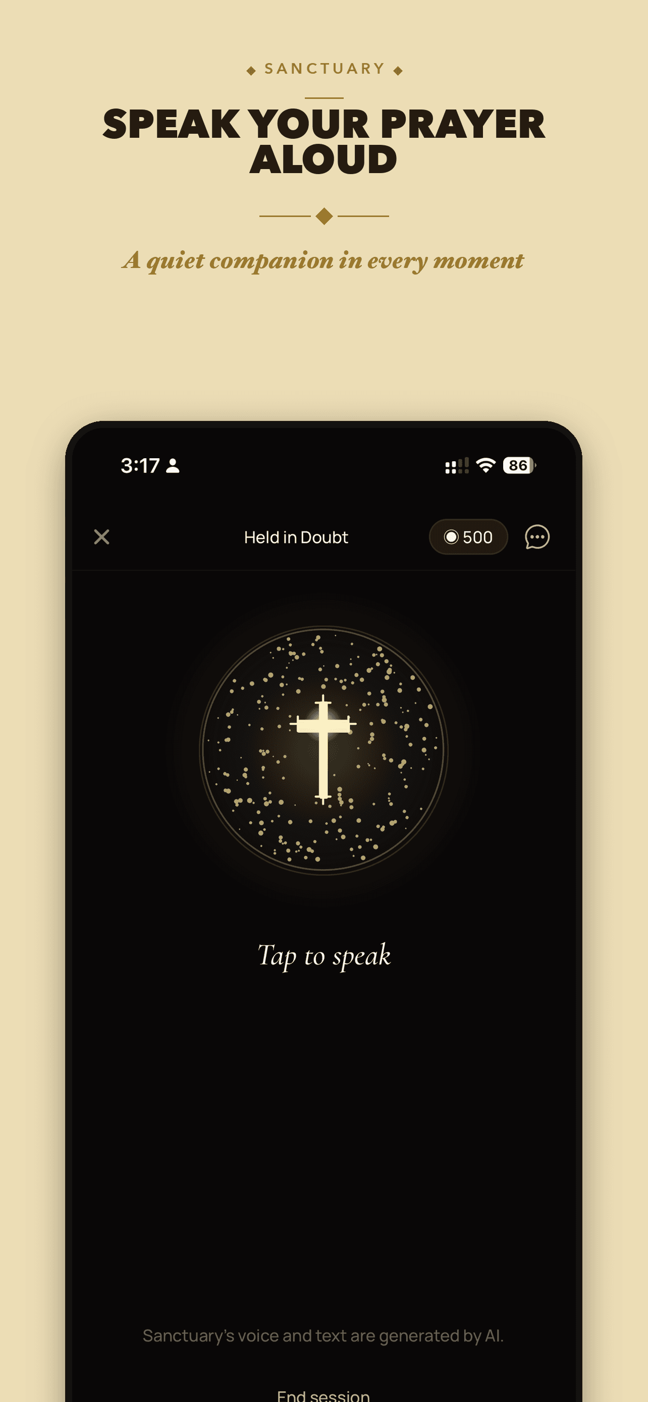 Sanctuary voice prayer screen — a warm gold orb glows while the user holds to speak.